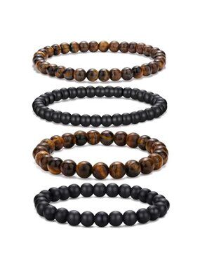 Mens Bead Bracelet Set Natural Stone Tiger Eye Lava Beads Elastic Stretch